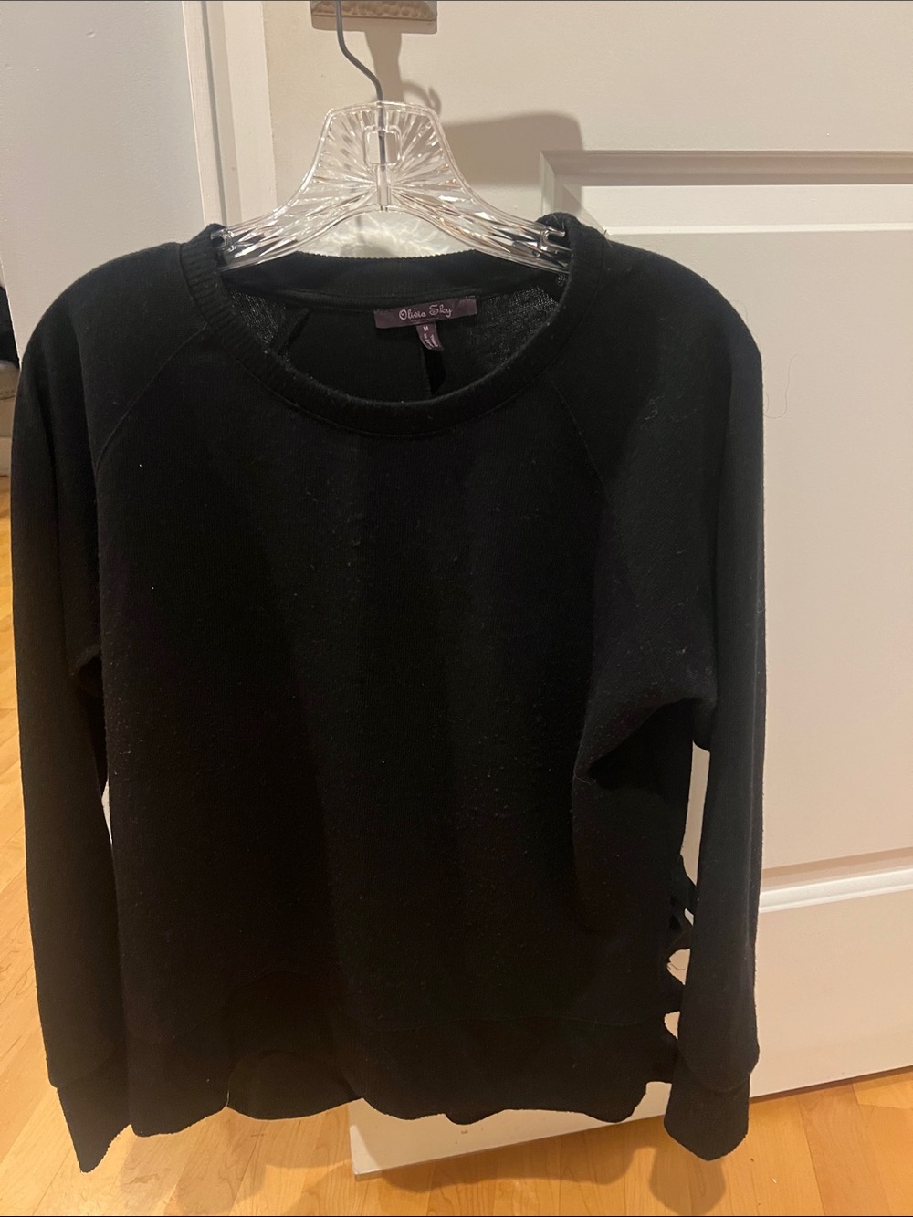Olivia Sky Black Women's Pullover Sweater with Side Ruffled Slits Sz M